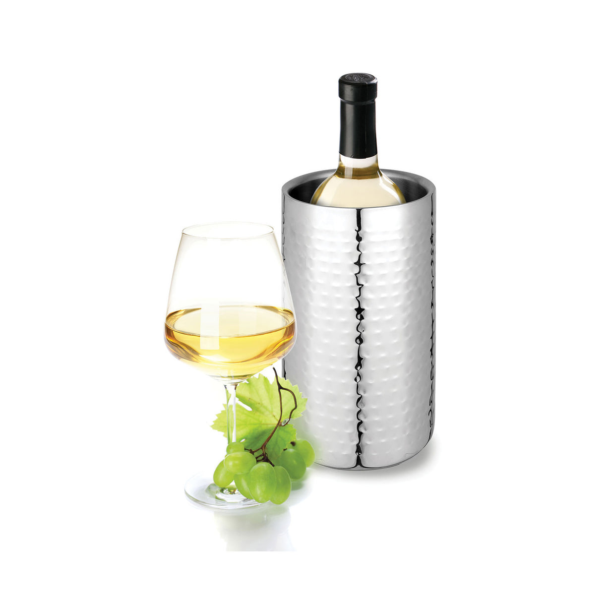Hammered stainless steel wine cooler with double wall insulation, 12 x 20 cm, ideal for keeping wine chilled elegantly.