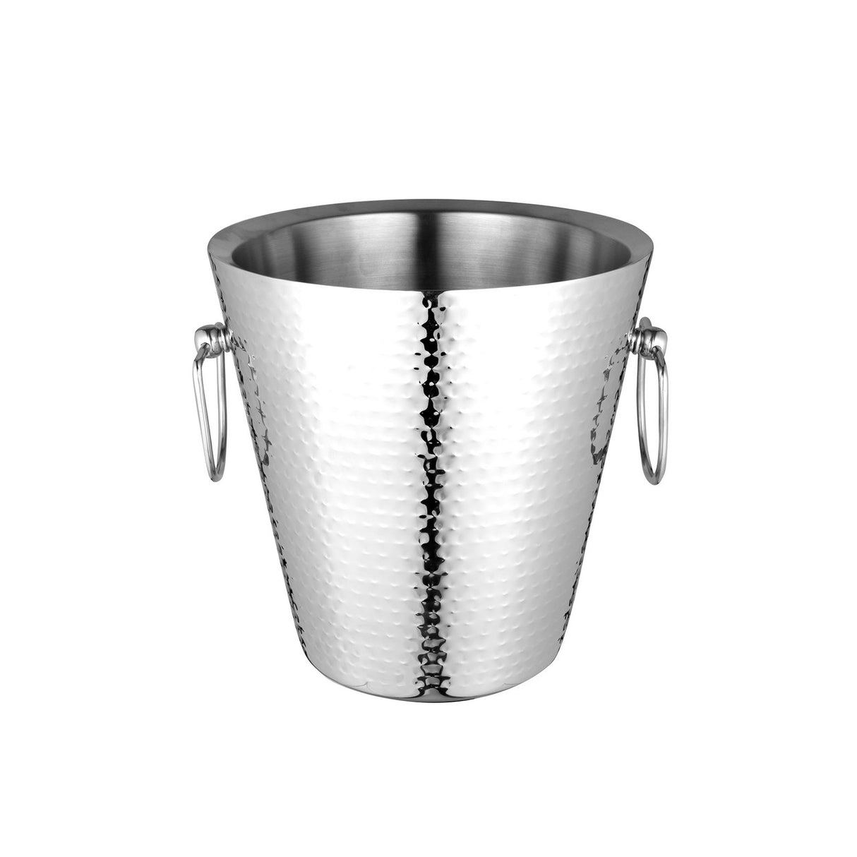 Hammered stainless steel champagne bucket, double-wall design, elegant finish, ideal for keeping beverages chilled at events.