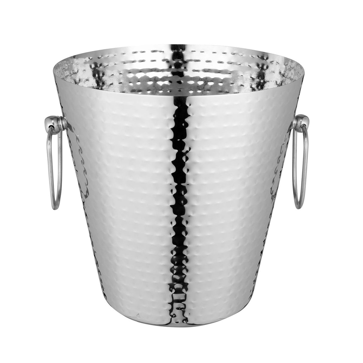 Hammered stainless steel champagne bucket with elegant design, ergonomic handles, perfect for chilling drinks at any gathering.