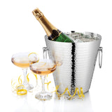 Hammered stainless steel champagne bucket with ergonomic handles, perfect for elegant entertaining and keeping drinks chilled.