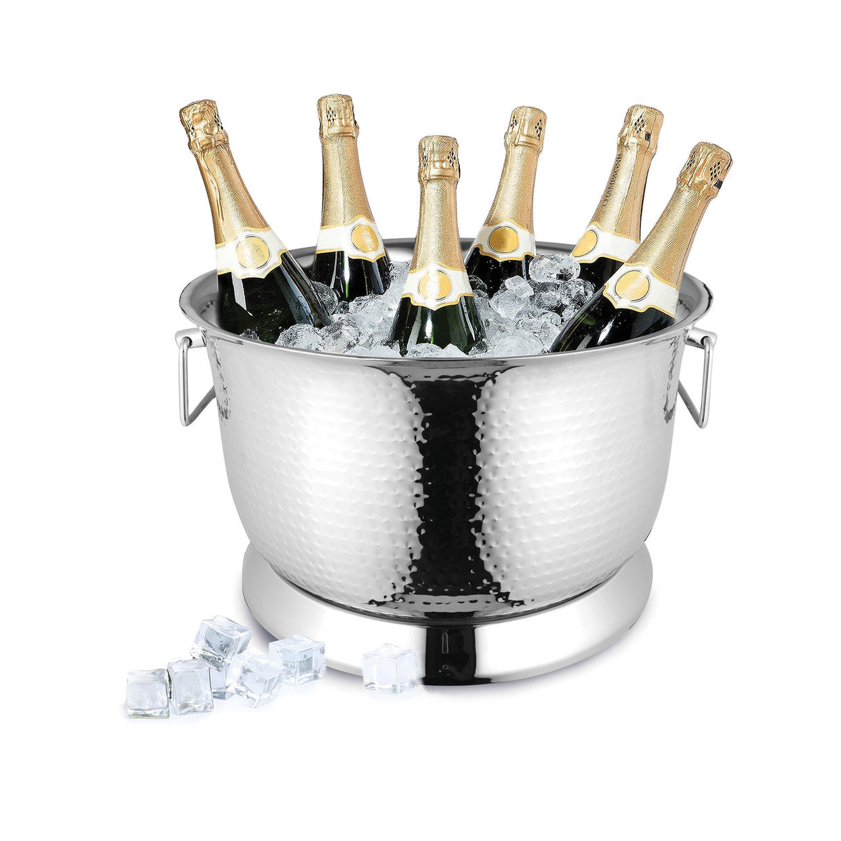 Hammered stainless steel party tub with double wall insulation and pedestal base, perfect for stylish drink service at events.