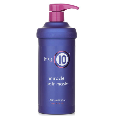 It's A 10 Miracle Hair Mask in a 517.5ml jar, nourishes, detangles, reduces frizz, and enhances shine for healthy hair.