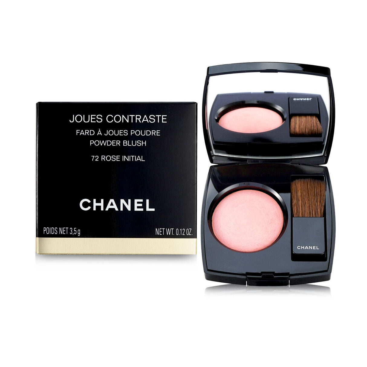 Chanel Powder Blush No. 72 Rose Initiale, soft baked formula for radiant color and includes a deluxe application brush.