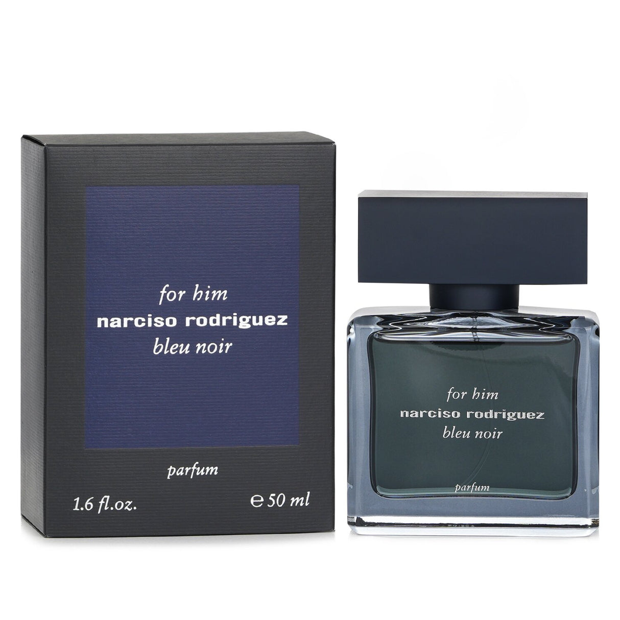 Elegant blue bottle of Narciso Rodriguez - For Him Bleu Noir Parfum, featuring a woody, sensual fragrance for modern men.