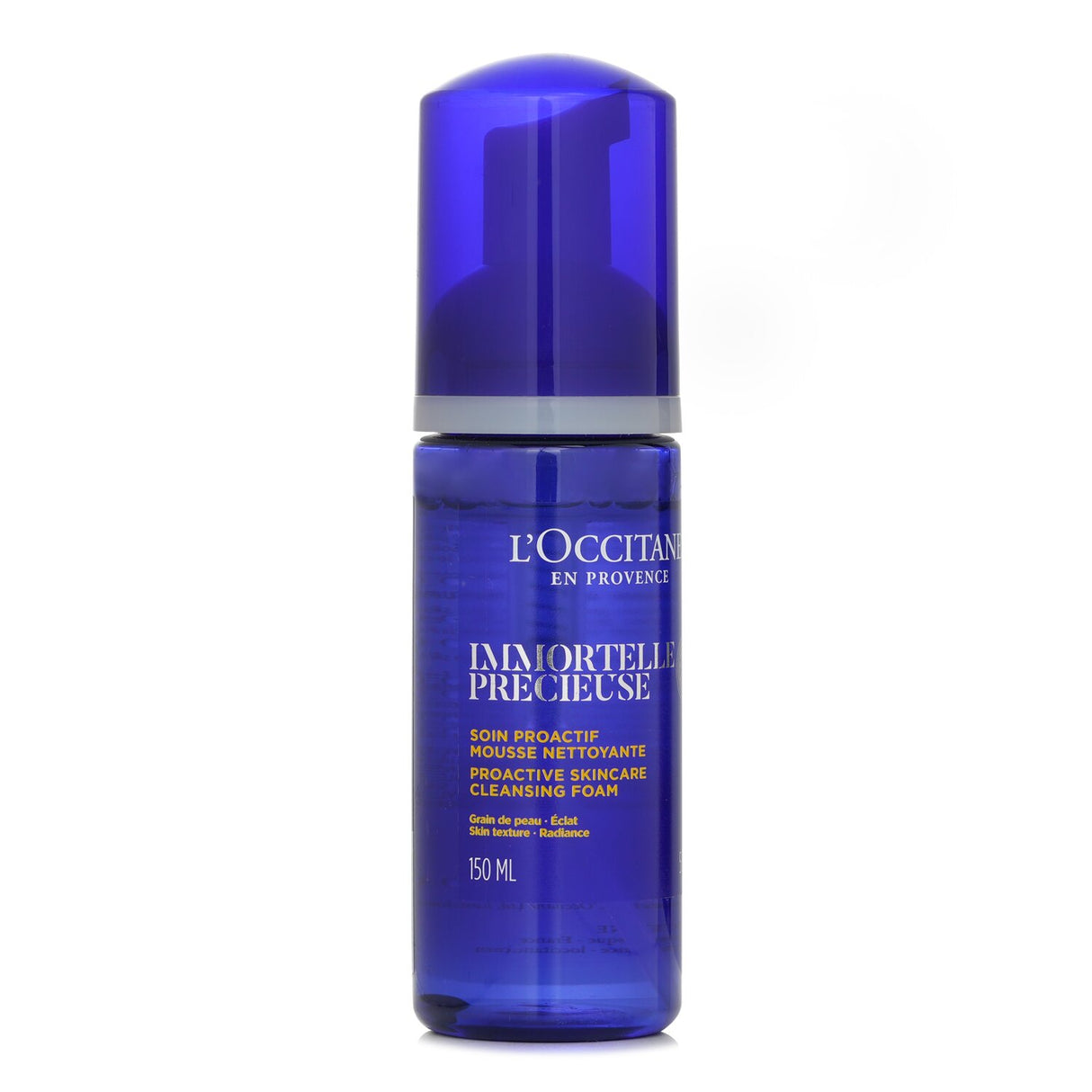L'Occitane Immortelle Precious Cleansing Foam in a 150ml bottle, featuring soft foam for gentle cleansing and radiant skin.