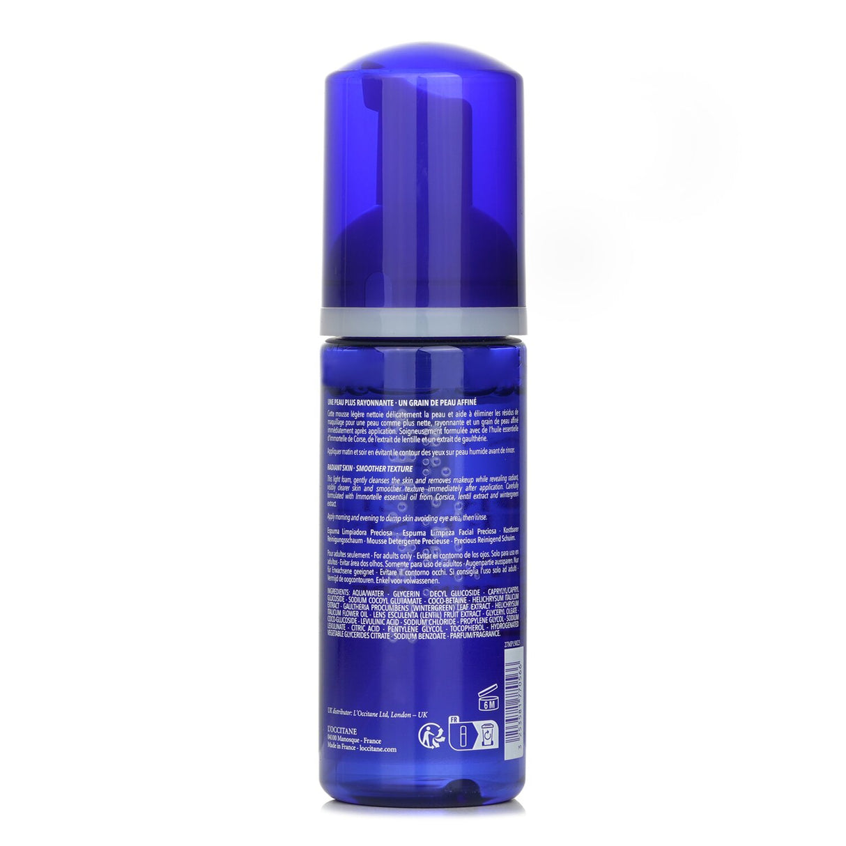 L'Occitane Immortelle Precious Cleansing Foam in a 150ml bottle, featuring a soft foam for a refreshing cleanse with organic floral water.