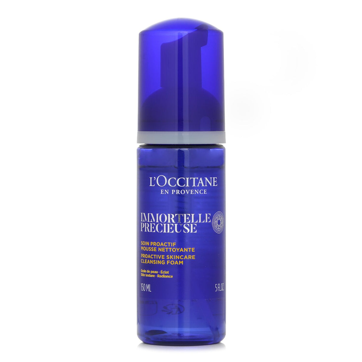 L'Occitane Immortelle Precious Cleansing Foam in a 150ml bottle, featuring soft foam for deep cleansing and revitalizing skin.