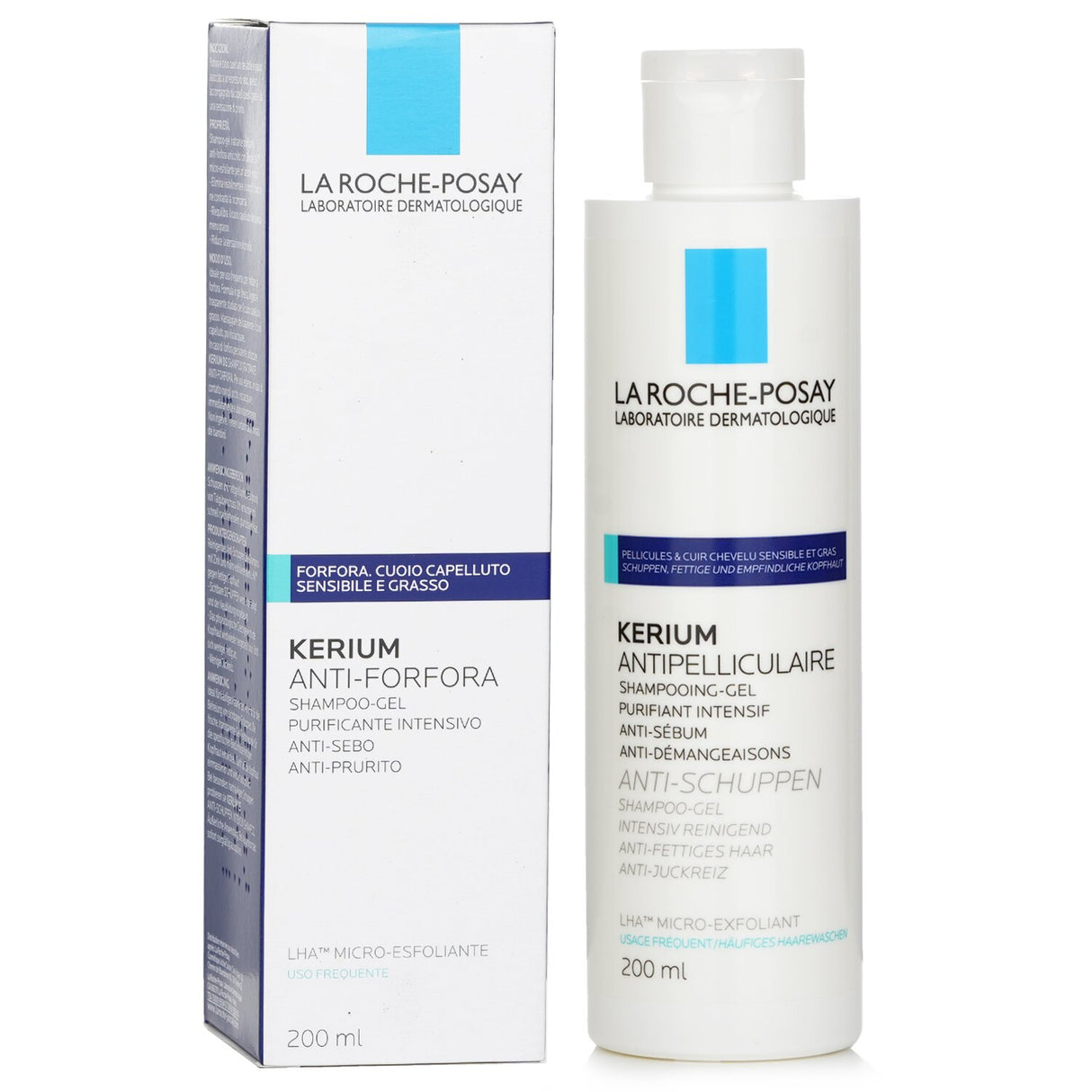 La Roche Posay Kerium Anti-Dandruff Gel Shampoo for oily scalps, featuring LHA and Zinc PCA for dandruff removal and scalp balance.