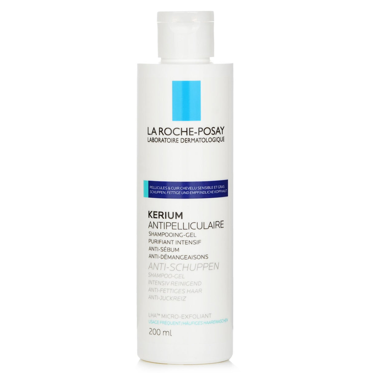 La Roche Posay Kerium Anti-Dandruff Shampoo for oily scalps, featuring LHA for micro-exfoliation and dandruff removal.