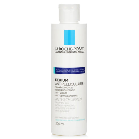 La Roche Posay Kerium Anti-Dandruff Shampoo for oily scalps, featuring LHA for micro-exfoliation and dandruff removal.