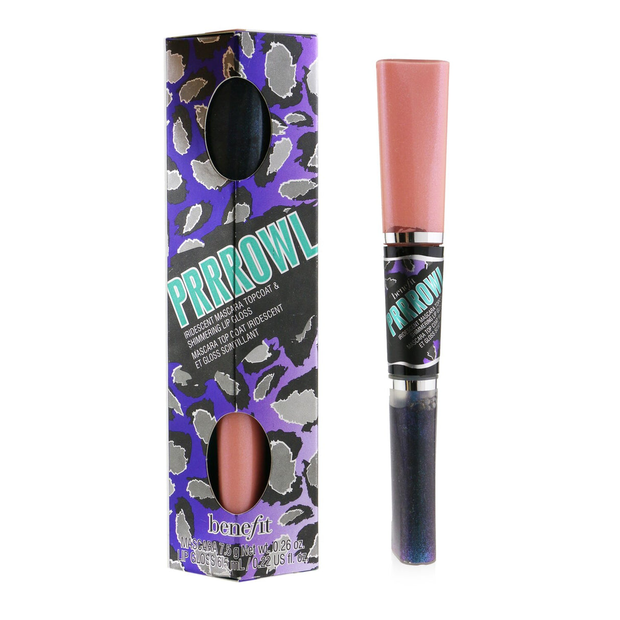 Benefit Prrrowl dual-ended mascara topcoat and shimmering lip gloss featuring iridescent shimmer for glamorous eyes and lips.