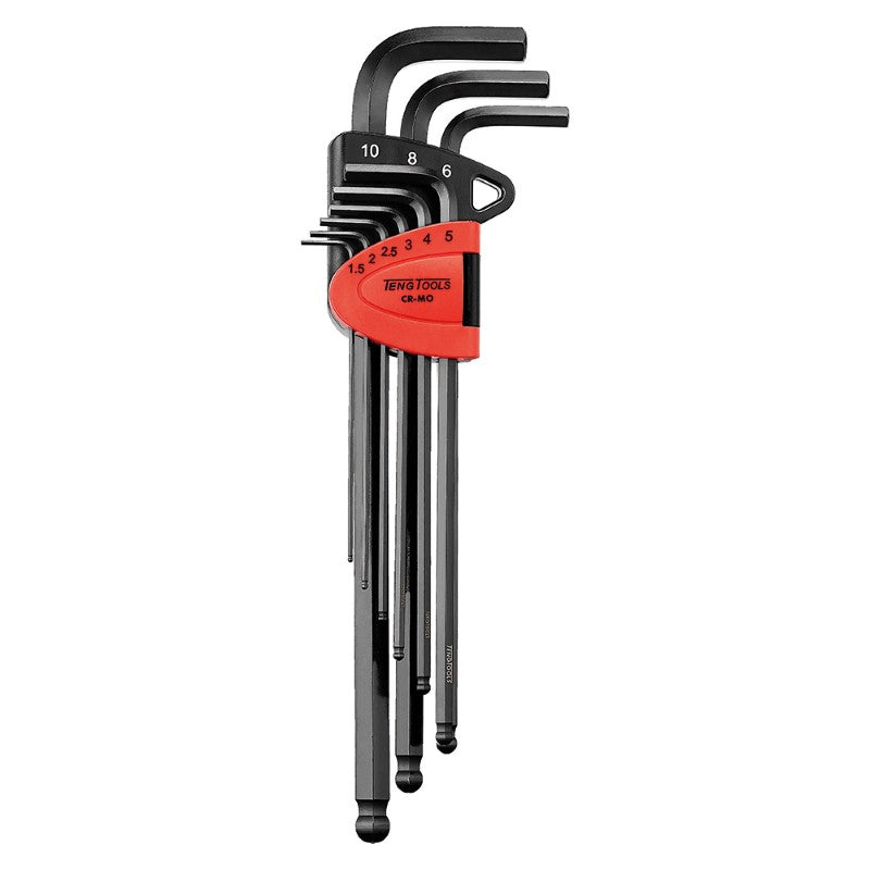 Extra long 9pc ball point hex key set in chrome molybdenum steel, designed for tight spaces and high torque applications.