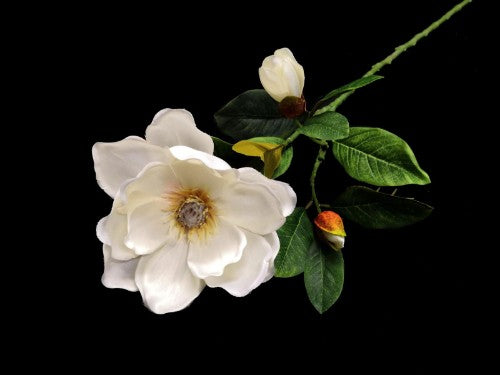 Lifelike large white magnolia stem with 2 buds, perfect for floral displays and wedding arrangements.