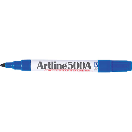 Artline 500a blue whiteboard markers, 2mm bullet nib, low-odour, 12-pack, perfect for bold writing on dry erase surfaces.