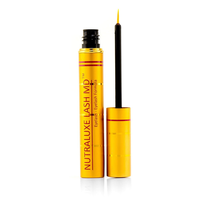 Nutraluxe MD Eyelash Formula in a 4.5ml bottle enhances lash length, fullness, and strength with natural ingredients.