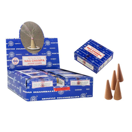 Pack of 12 Satya Nag Champa dhoop cones, perfect for meditation and creating a calming ambiance at home.