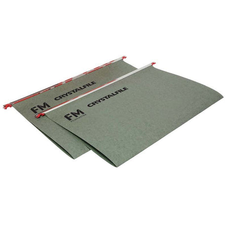 Green FM File Suspension Crystalfile for vertical filing, holds 50 A4 documents, includes tabs and durable nylon glides.