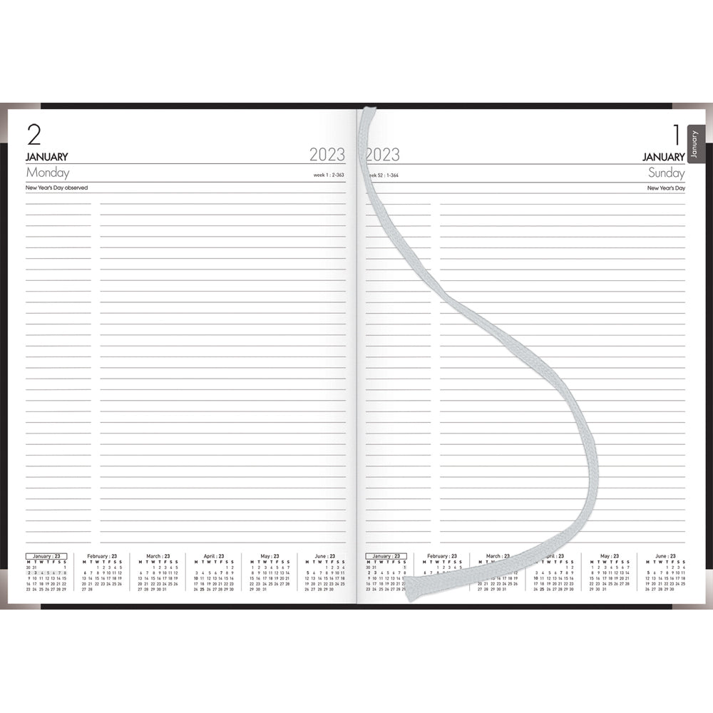 Collins A41E Executive Black Diary: A4 planner with 1 day per page, elegant PU cover, and printed tabs for effortless navigation.