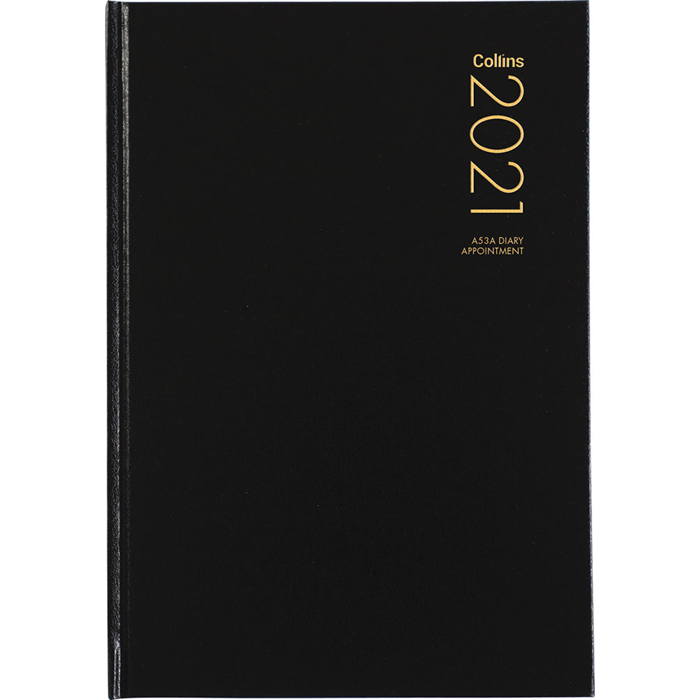 Collins Diary A53a in black, A5 size, featuring weekly layout, hour slots, ribbon marker, and durable hard cover.