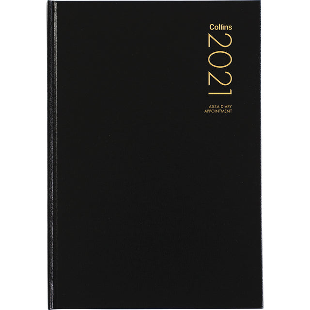 Collins Diary A53a in black, A5 size, featuring weekly layout, hour slots, ribbon marker, and durable hard cover.