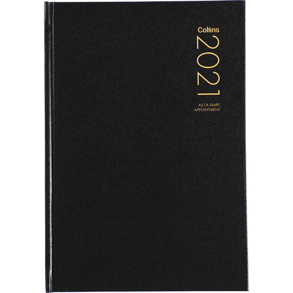 Collins Diary A51a Black: A5 appointment diary with daily pages, half-hour slots, cash summary, and stylish hard cover.