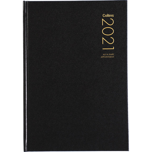 Collins Diary A51a Black: A5 appointment diary with daily pages, half-hour slots, cash summary, and stylish hard cover.