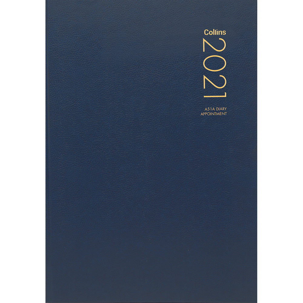 Collins Diary A51a Navy with hard cover, daily planning layout, and ribbon marker for organized appointments and finance tracking.