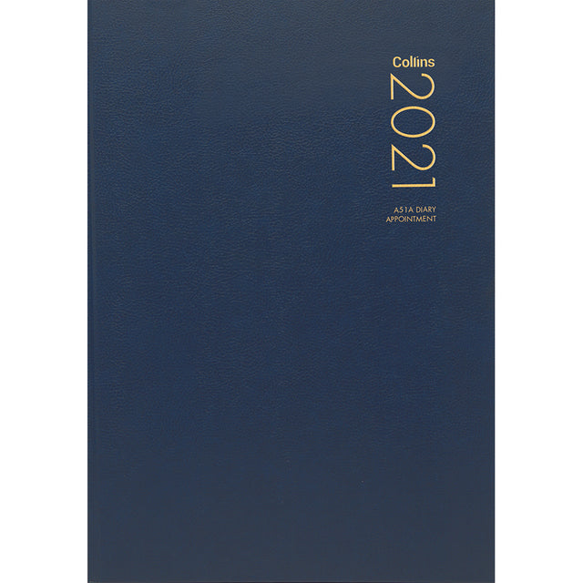 Collins Diary A51a Navy with hard cover, daily planning layout, and ribbon marker for organized appointments and finance tracking.