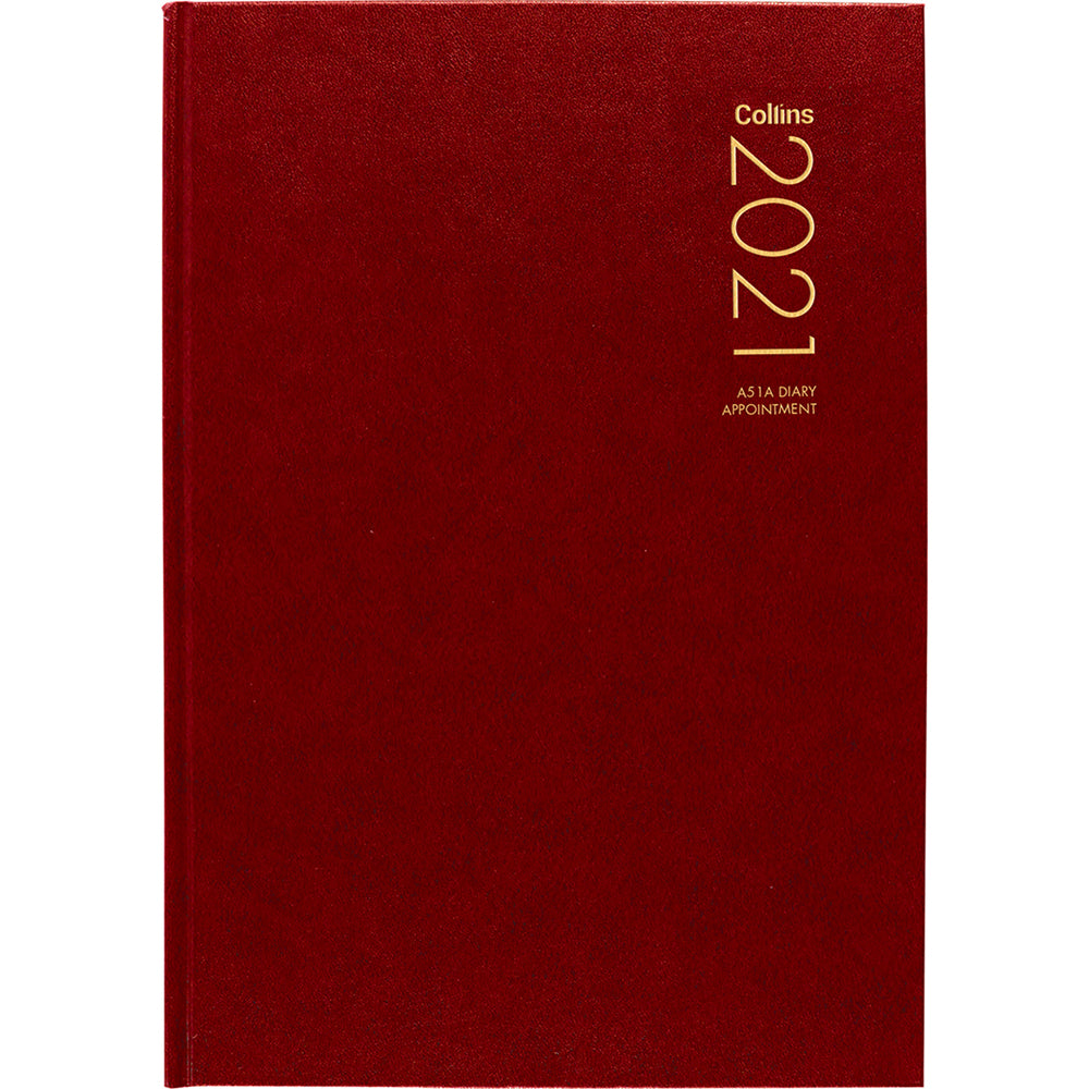 A5 red diary with daily pages, half-hour slots, cash summary, and ribbon marker for organized scheduling.