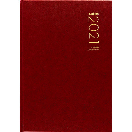 A5 red diary with daily pages, half-hour slots, cash summary, and ribbon marker for organized scheduling.