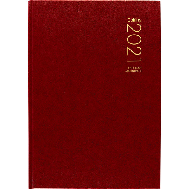 A5 red diary with daily pages, half-hour slots, cash summary, and ribbon marker for organized scheduling.