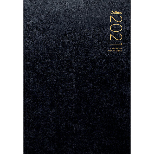 Collins Diary A41a in black, A4 size, featuring one day per page layout, quarter-hour slots, and a ribbon marker for easy planning.