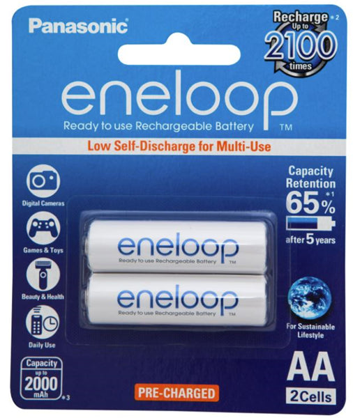 Panasonic Eneloop AA rechargeable batteries (2000mAh) in a 2-pack, eco-friendly with exceptional performance and longevity.