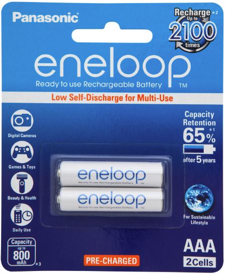 Panasonic Eneloop AAA rechargeable batteries 800mAh, eco-friendly, ready to use, perfect for various devices, 2-pack.