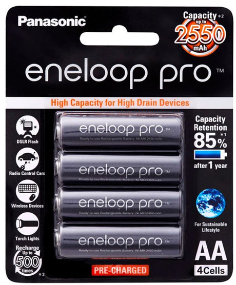 Panasonic Eneloop PRO AA rechargeable batteries 2500mAh 4-pack, ideal for high-drain devices like cameras and game controllers.