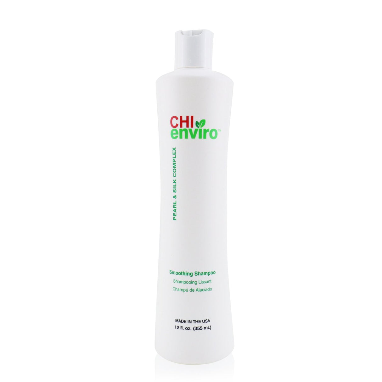 Bottle of CHI Enviro Smoothing Shampoo, designed to tame frizzy hair with pearl and silk complex for maximum moisture and manageability.