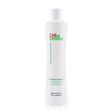 Bottle of CHI Enviro Smoothing Shampoo, designed to tame frizzy hair with pearl and silk complex for maximum moisture and manageability.