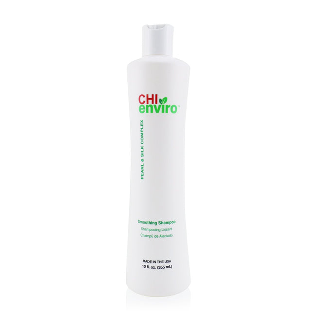 Bottle of CHI Enviro Smoothing Shampoo, designed to tame frizzy hair with pearl and silk complex for maximum moisture and manageability.