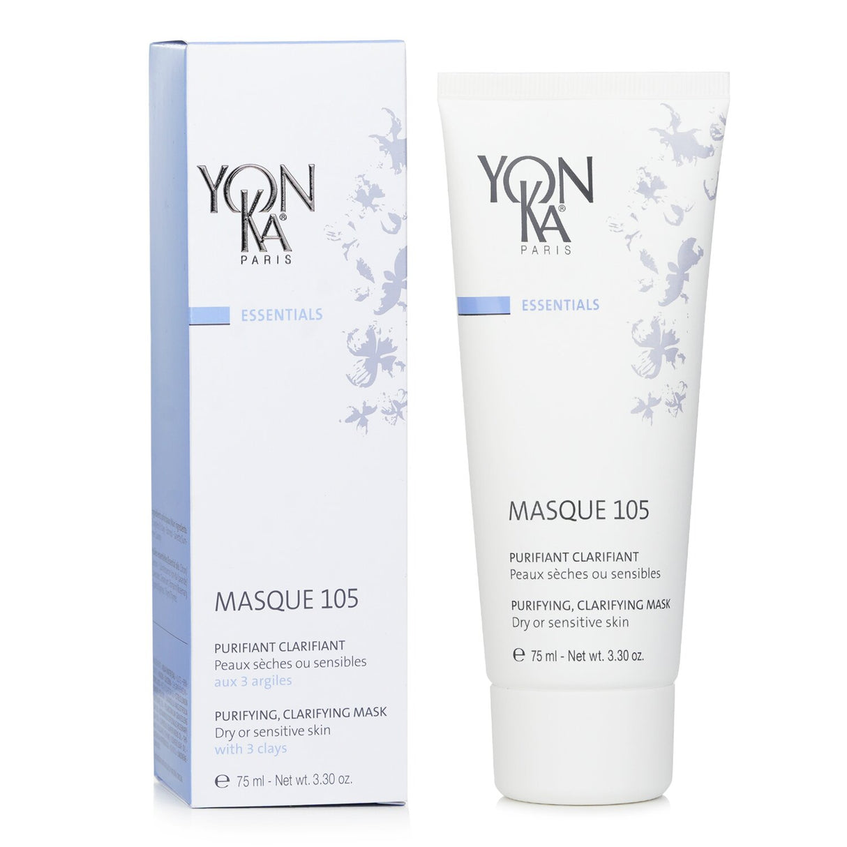 Yonka Essentials Masque 105, a clay mask for dry or sensitive skin, purifies, soothes, and unveils a radiant complexion.