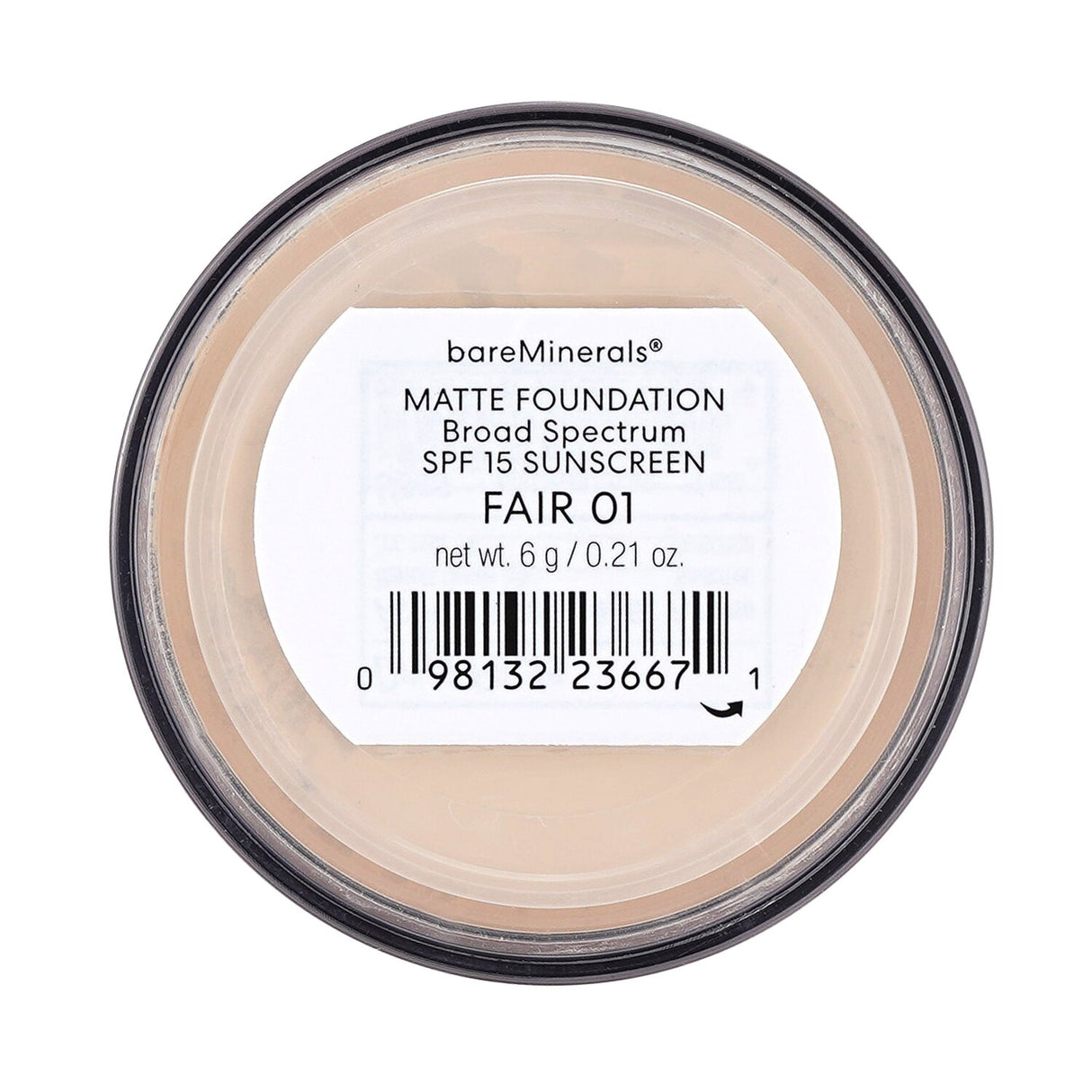 Lightweight BareMinerals Matte Foundation SPF15 in Fair, designed for all skin types, offering smooth, radiant coverage.