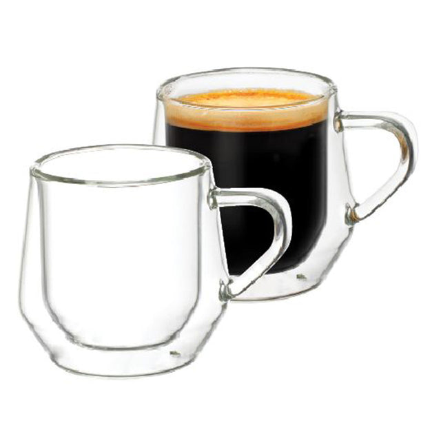Set of 2 Capri Double Wall Glasses, 250ml, featuring borosilicate glass for thermal efficiency and elegant geometric handles.