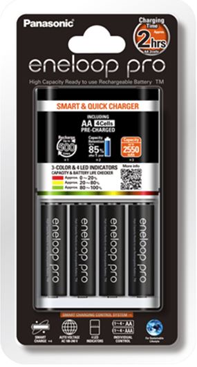 Panasonic Eneloop Quick Charger with 4 AA Pro Batteries, ideal for high-drain devices with fast charging and long-lasting performance.