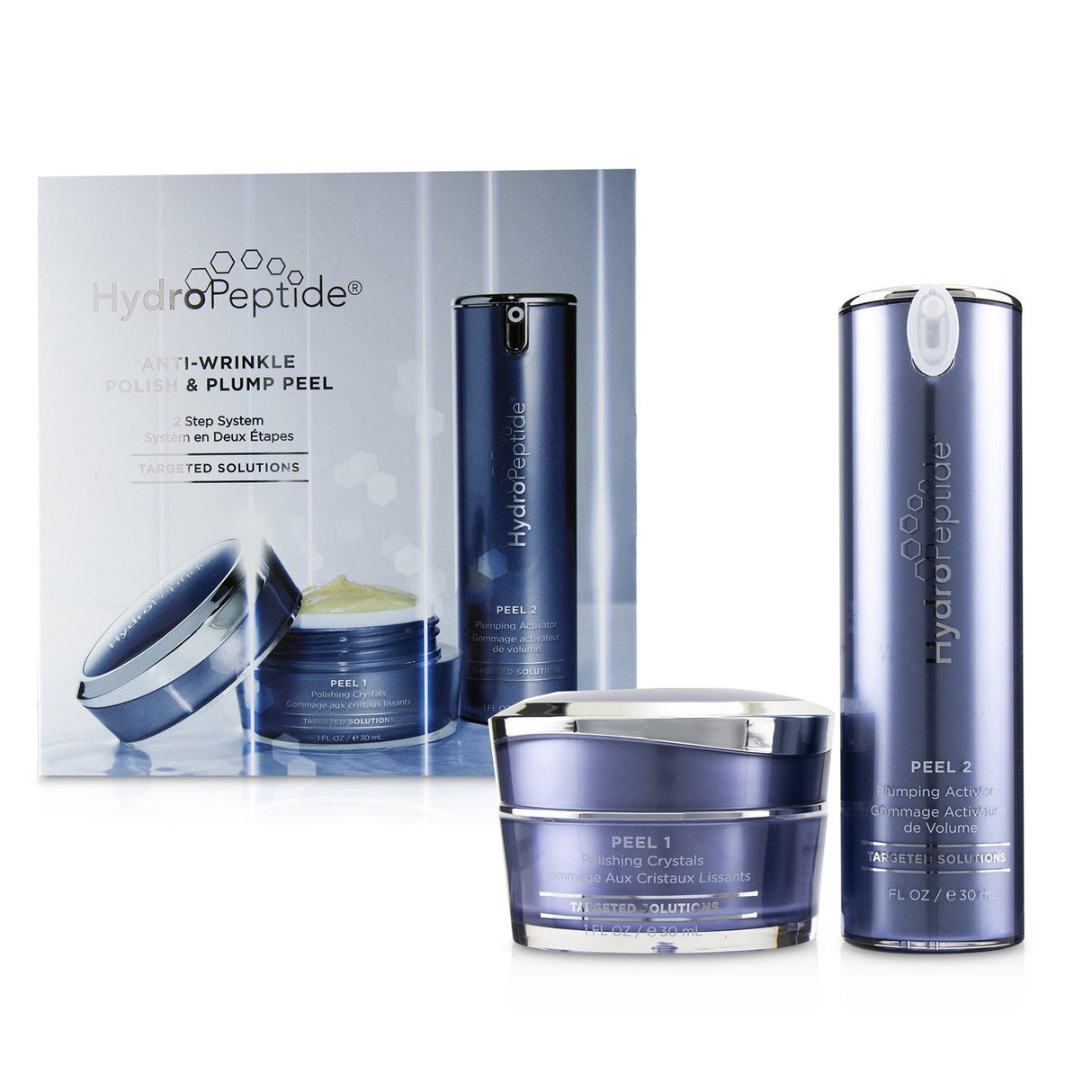 HydroPeptide Anti-Wrinkle Polish & Plump Peel set featuring polishing crystals and plumping activator for youthful skin.