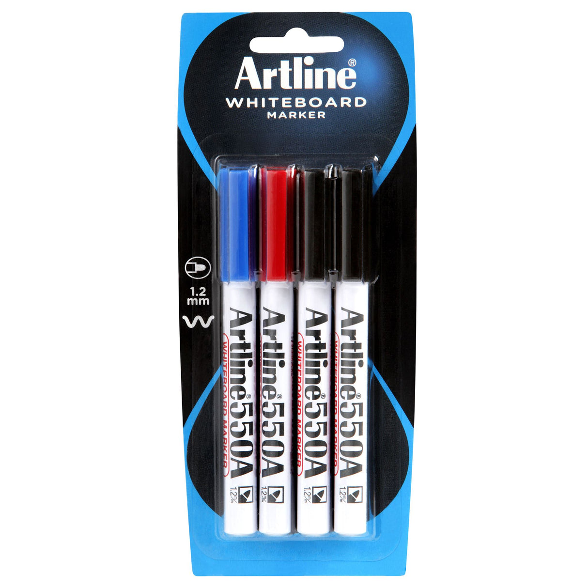 Artline 550a Whiteboard Marker Pack of 4 in assorted colors, featuring low-odor ink and durable aluminum barrels.