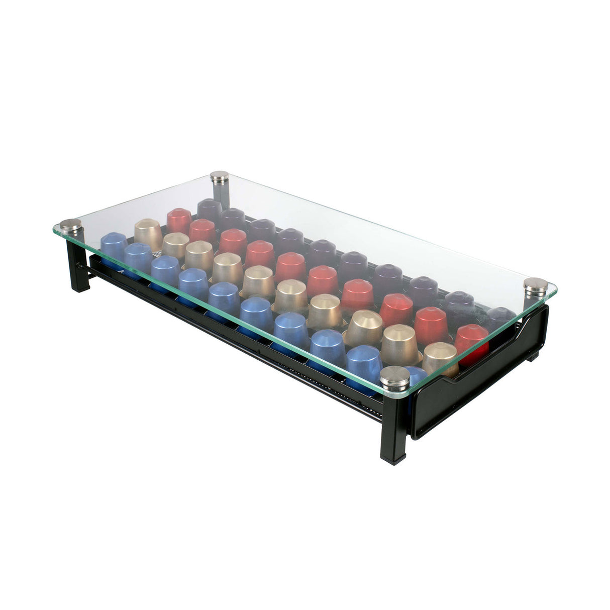 Sleek Avanti Coffee Capsule Holder for up to 40 capsules, featuring a sliding drawer and tempered glass top for easy access.
