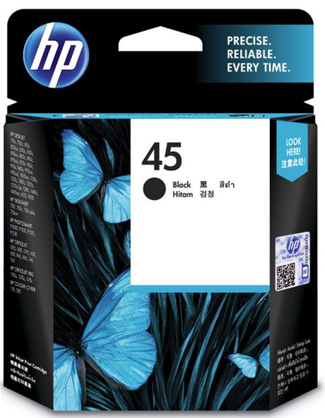 HP 45 Black Ink Cartridge for high-quality documents, compatible with Deskjet and Officejet models, prints up to 833 pages.