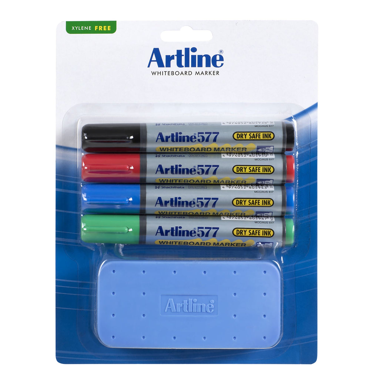 Artline 577 Whiteboard Starter Kit featuring four vibrant markers and a double-sided eraser for versatile writing and drawing.