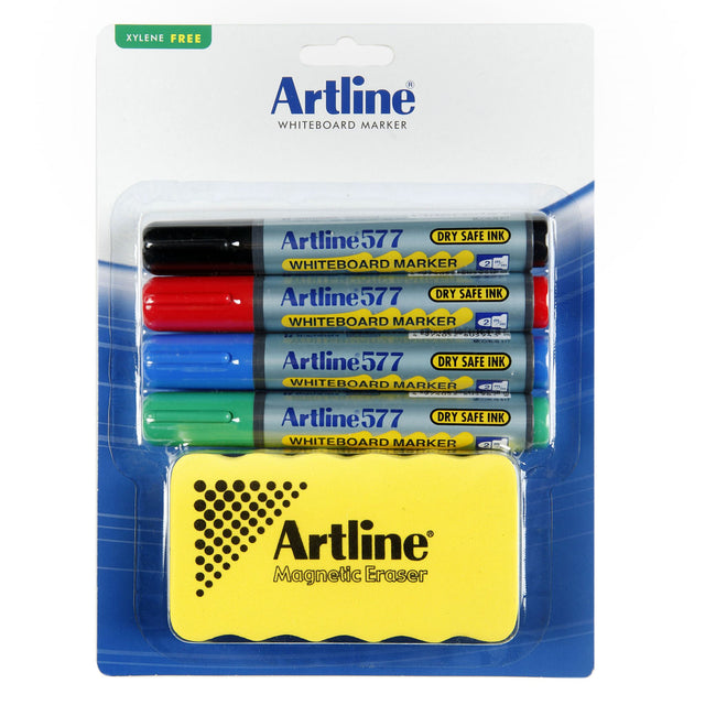 Artline 577 Starter Kit with 4 vibrant dry erase markers and a magnetic eraser for productive whiteboard use.