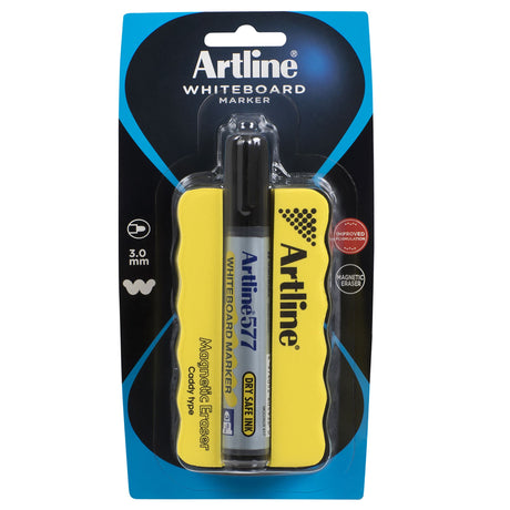 Artline 577 Whiteboard Magnetic Eraser & Marker Kit in black, featuring a magnetic eraser, dry-erase marker, and vibrant ink.