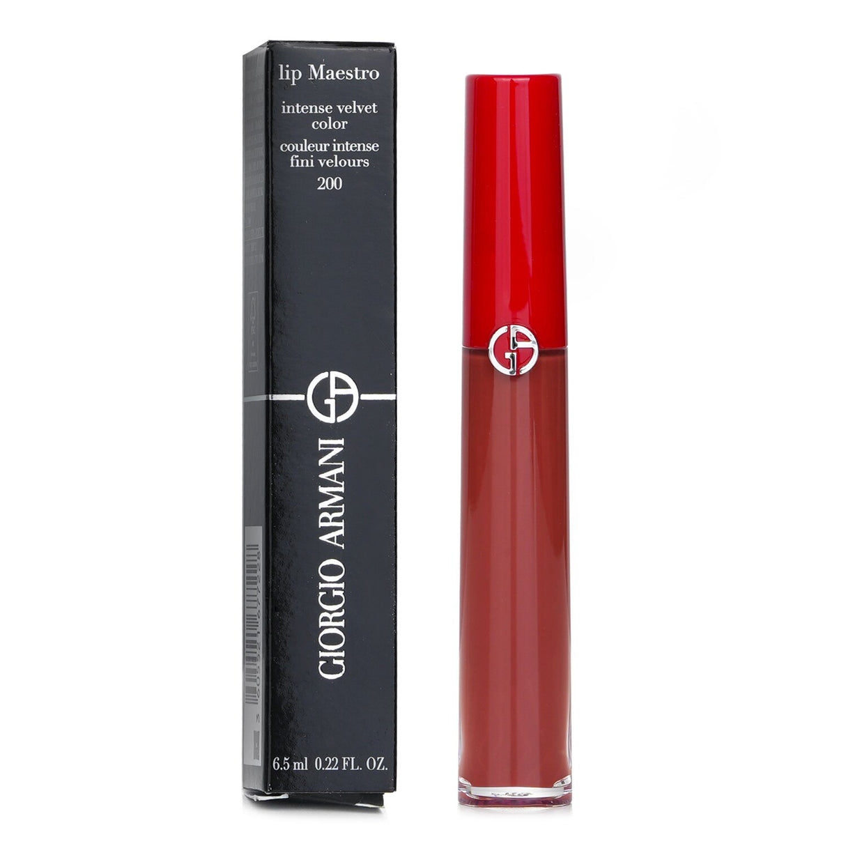 Giorgio Armani Lip Maestro #200 Terra, a vibrant liquid lipstick with a plumping effect and velvety smooth finish.